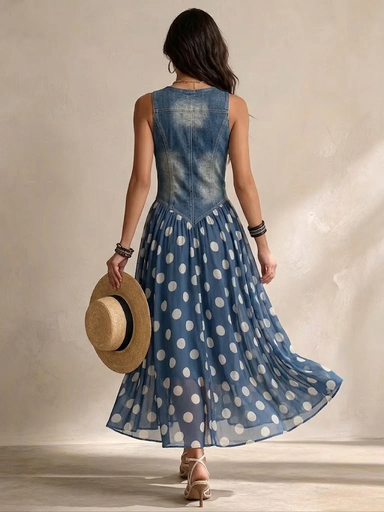 Vestido largo vaquero de lunares