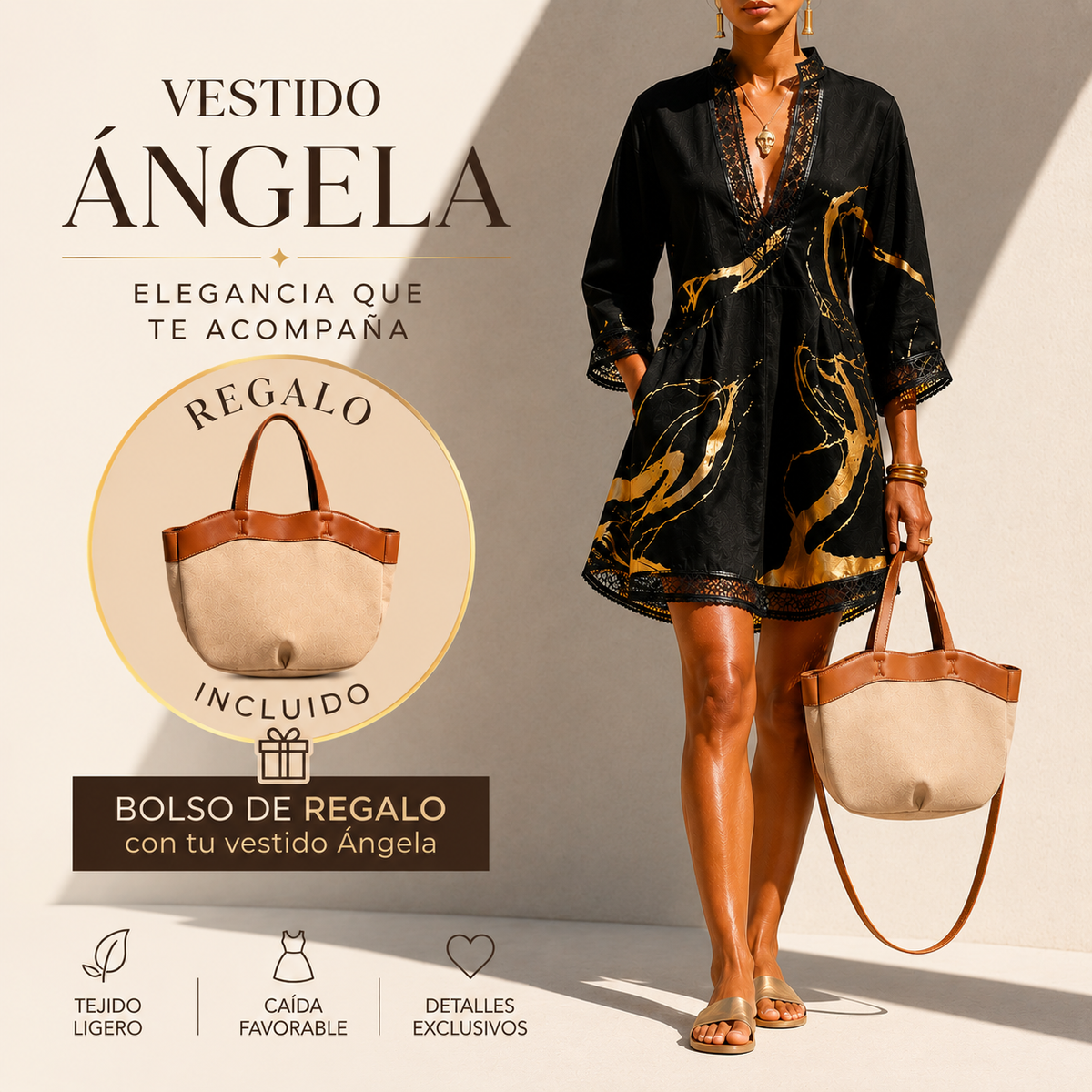 Vestido mármol dorado con encaje crochet