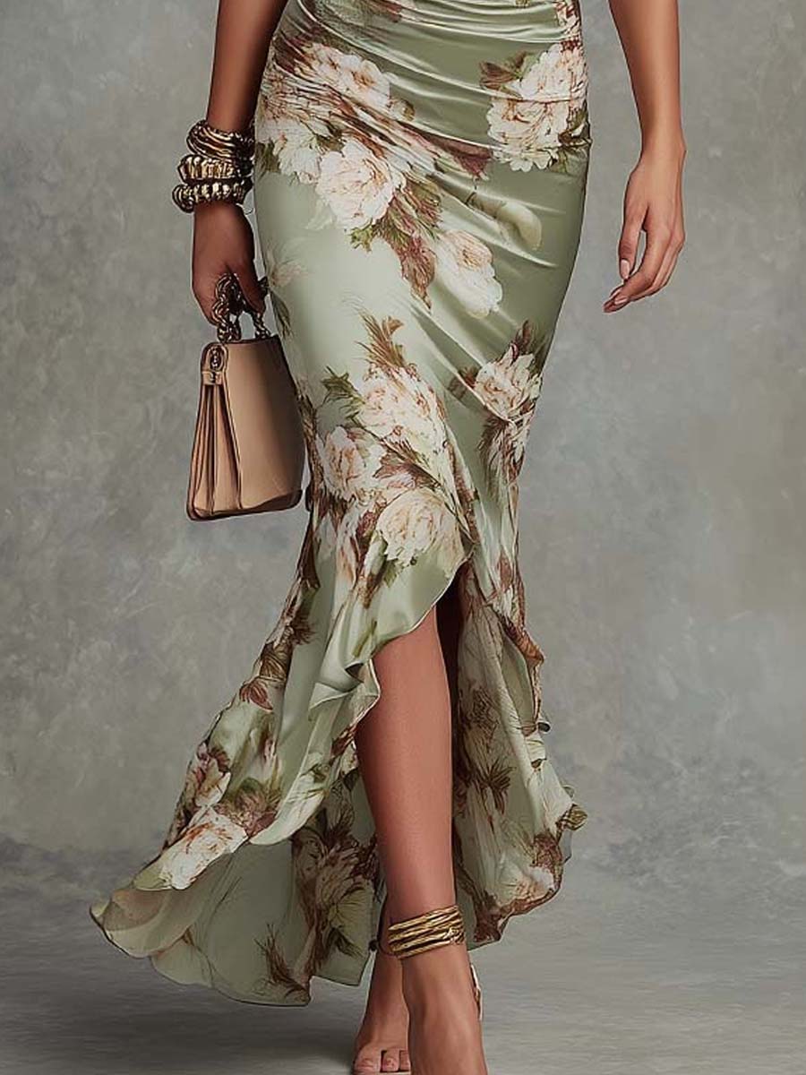 Vestido largo de satén con estampado floral
