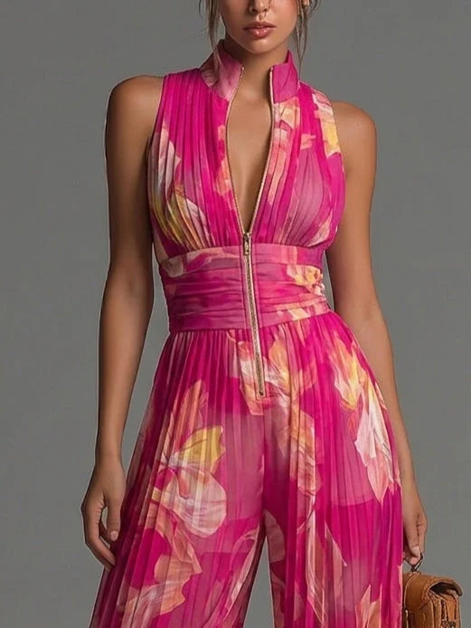 Mono de chifón plisado con estampado floral fucsia