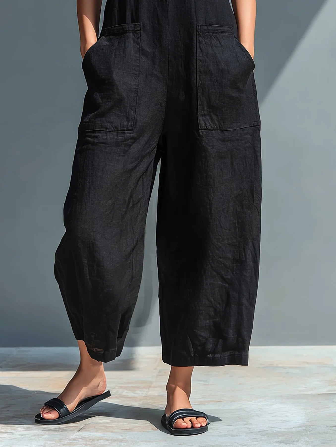 Mono minimalista de lino para mujer, sin mangas, cuello alto y botones