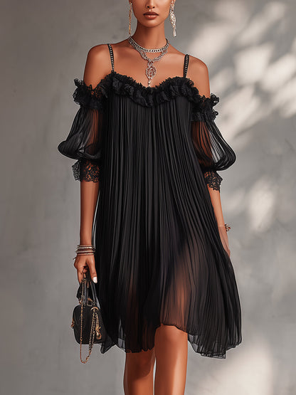 Mini vestido muselina con hombros descubiertos y bordes de encaje
