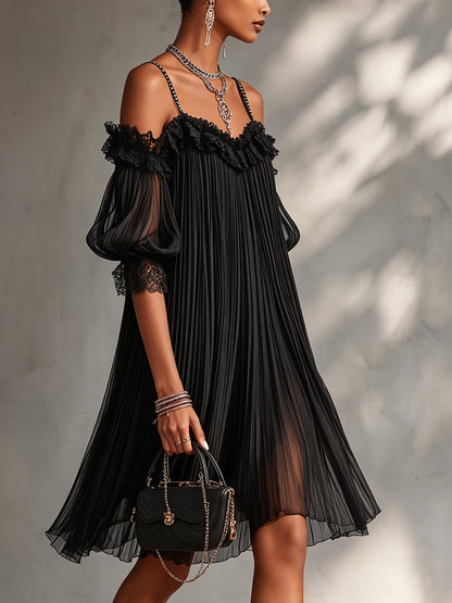 Mini vestido muselina con hombros descubiertos y bordes de encaje