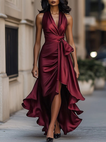 Vestido de Satén con Cintura Drapada