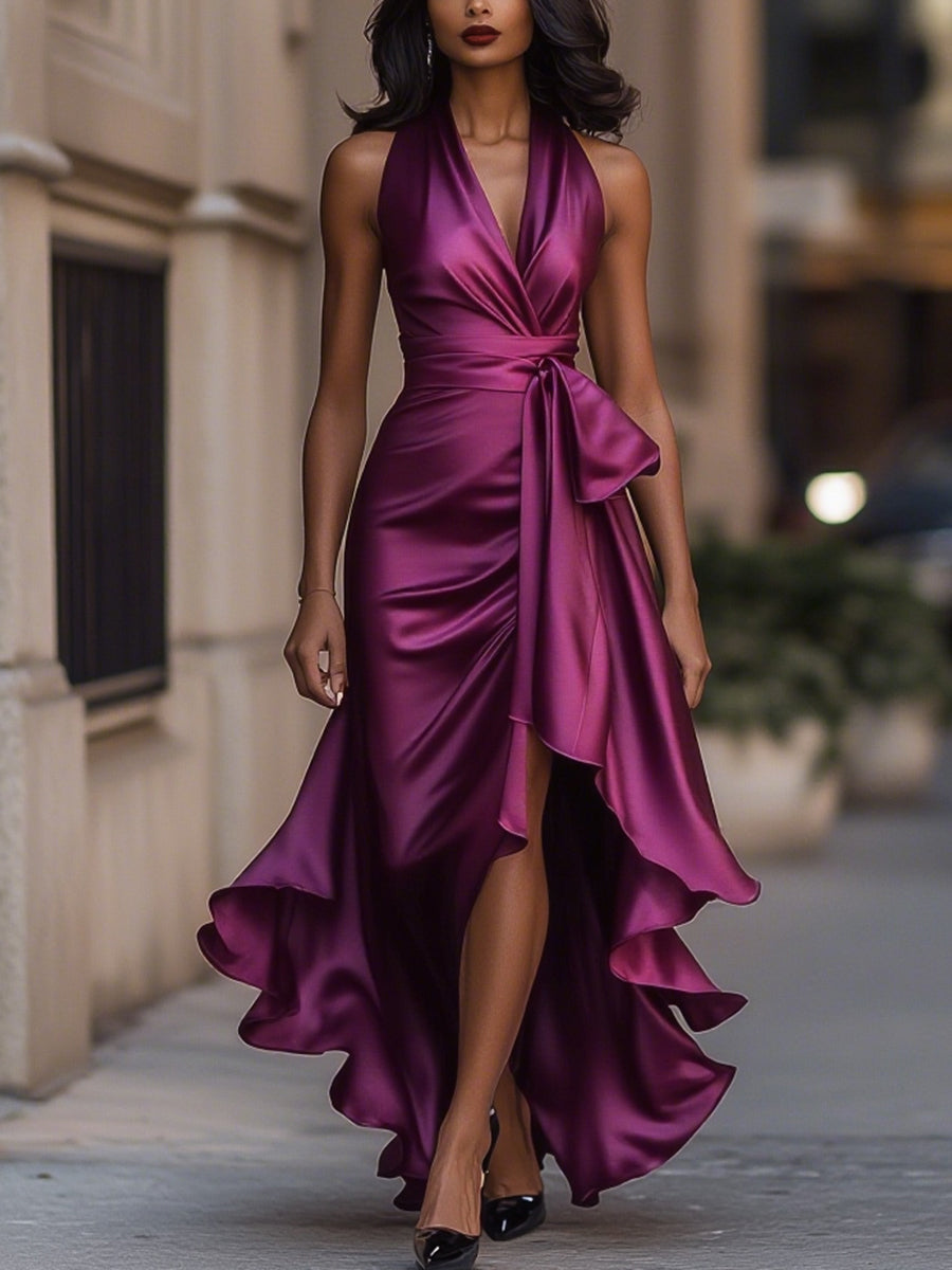 Vestido de Satén con Cintura Drapada