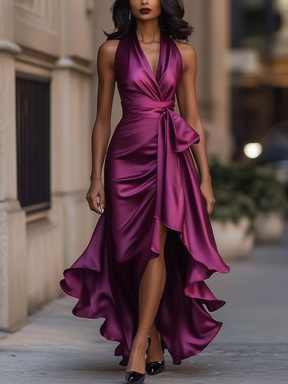 Vestido de Satén con Cintura Drapada