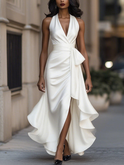 Vestido de Satén con Cintura Drapada