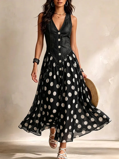 Vestido Largo Denim con Lunares