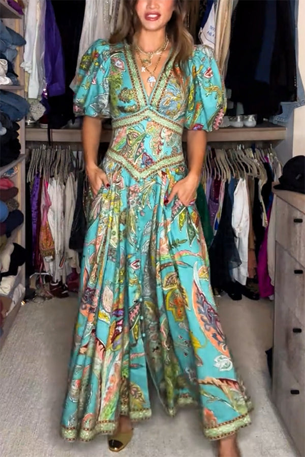 Vestido Maxi Liviano con Mangas Abullonadas y Escote en V