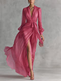 Vestido de Gasa con Escote en V y Mangas Largas