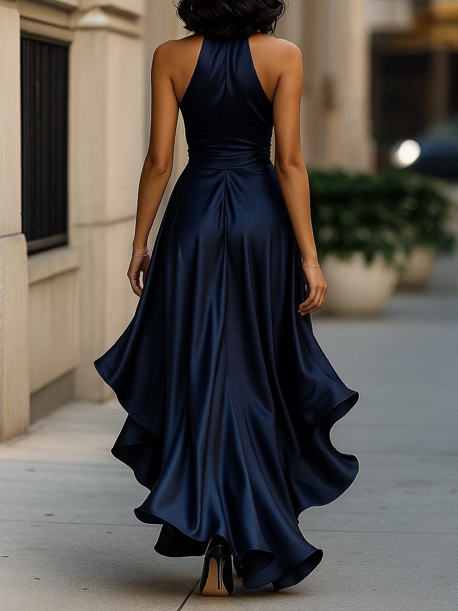 Vestido de Satén con Cintura Drapada