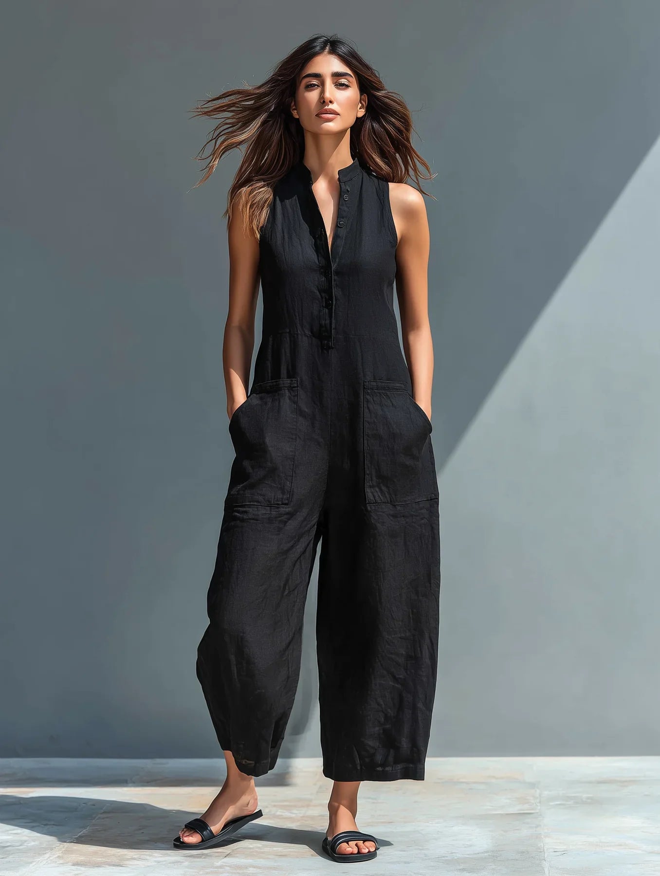 Mono minimalista de lino para mujer, sin mangas, cuello alto y botones