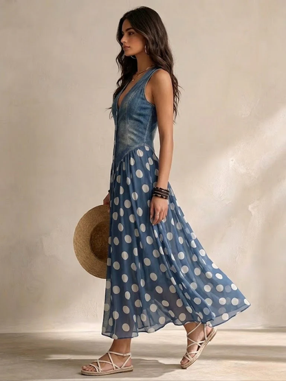 Vestido Largo Denim con Lunares