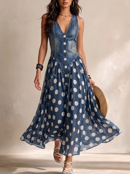 Vestido Largo Denim con Lunares