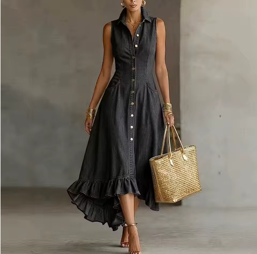 Vestido midi elegante con cuello solapa y volantes