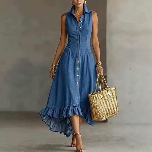 Vestido midi elegante con cuello solapa y volantes