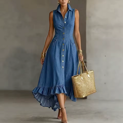 Vestido midi elegante con cuello solapa y volantes