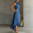 Vestido Midi con Cuello Solapa y Volantes