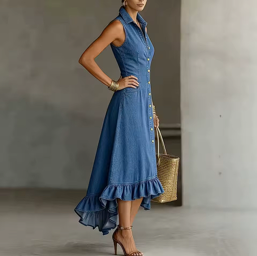 Vestido midi elegante con cuello solapa y volantes