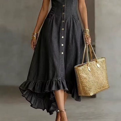 Vestido midi elegante con cuello solapa y volantes