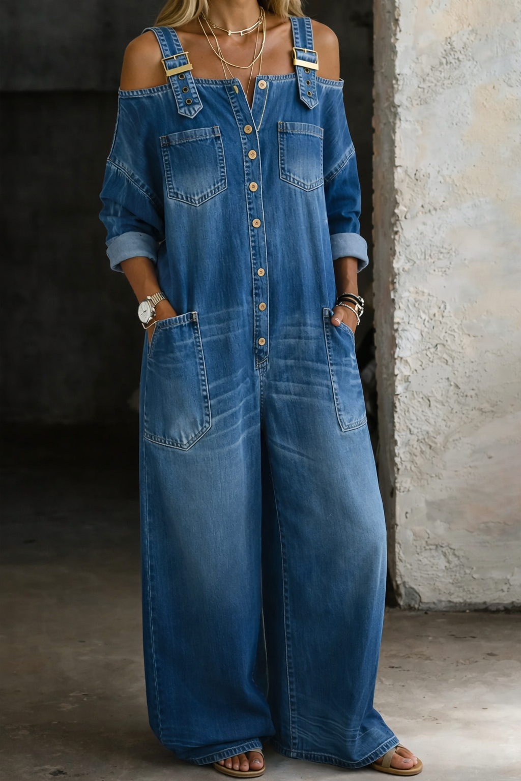 Mono denim con hombros descubiertos