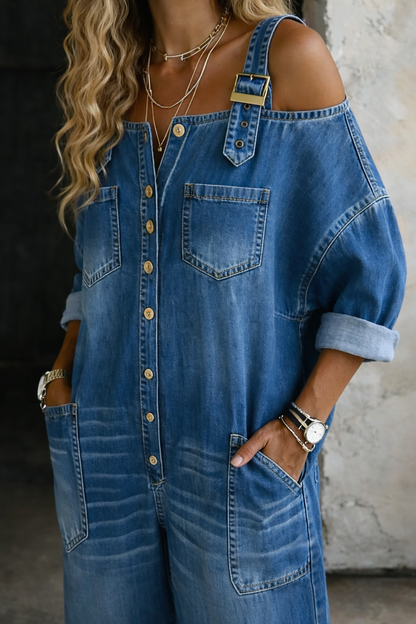 Mono denim con hombros descubiertos