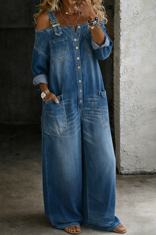 Mono de denim con hombros descubiertos