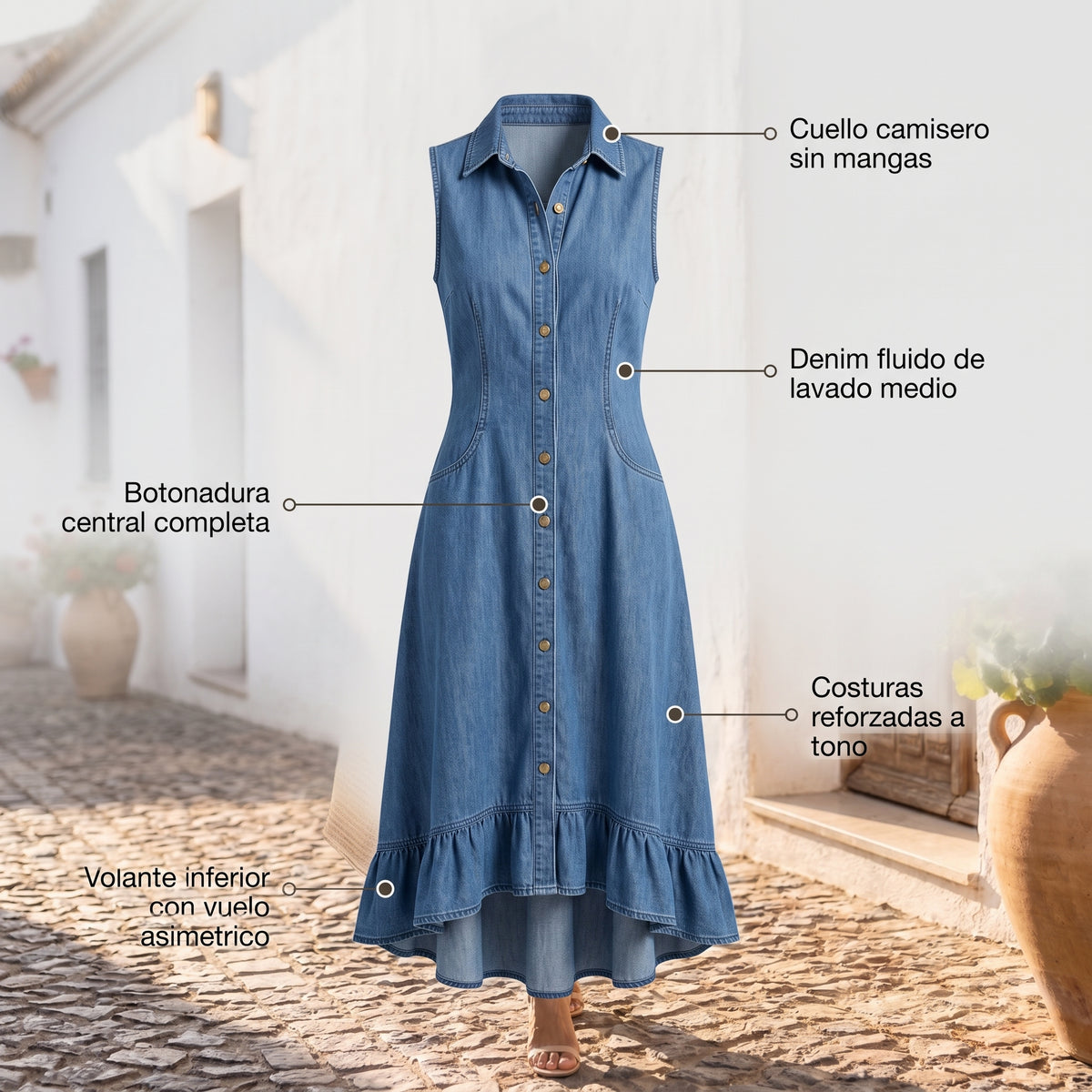 Vestido Midi con Cuello Solapa y Volantes