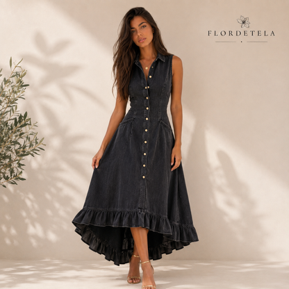 Vestido midi elegante con cuello solapa y volantes