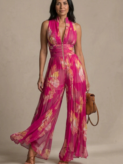 Mono de chifón plisado con estampado floral fucsia