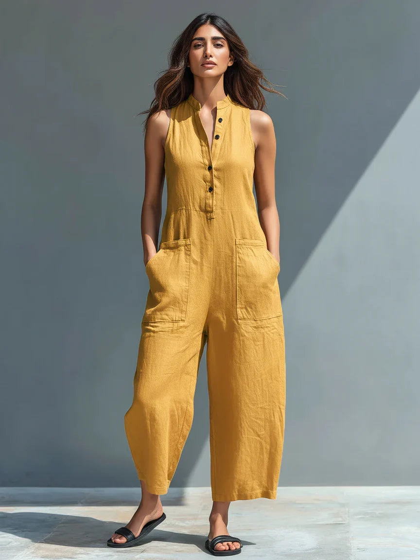Mono minimalista de lino para mujer, sin mangas, cuello alto y botones