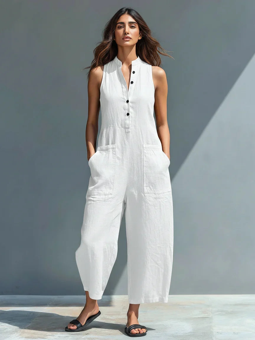 Mono minimalista de lino para mujer, sin mangas, cuello alto y botones