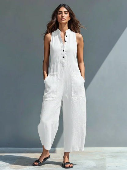 Mono minimalista de lino para mujer, sin mangas, cuello alto y botones