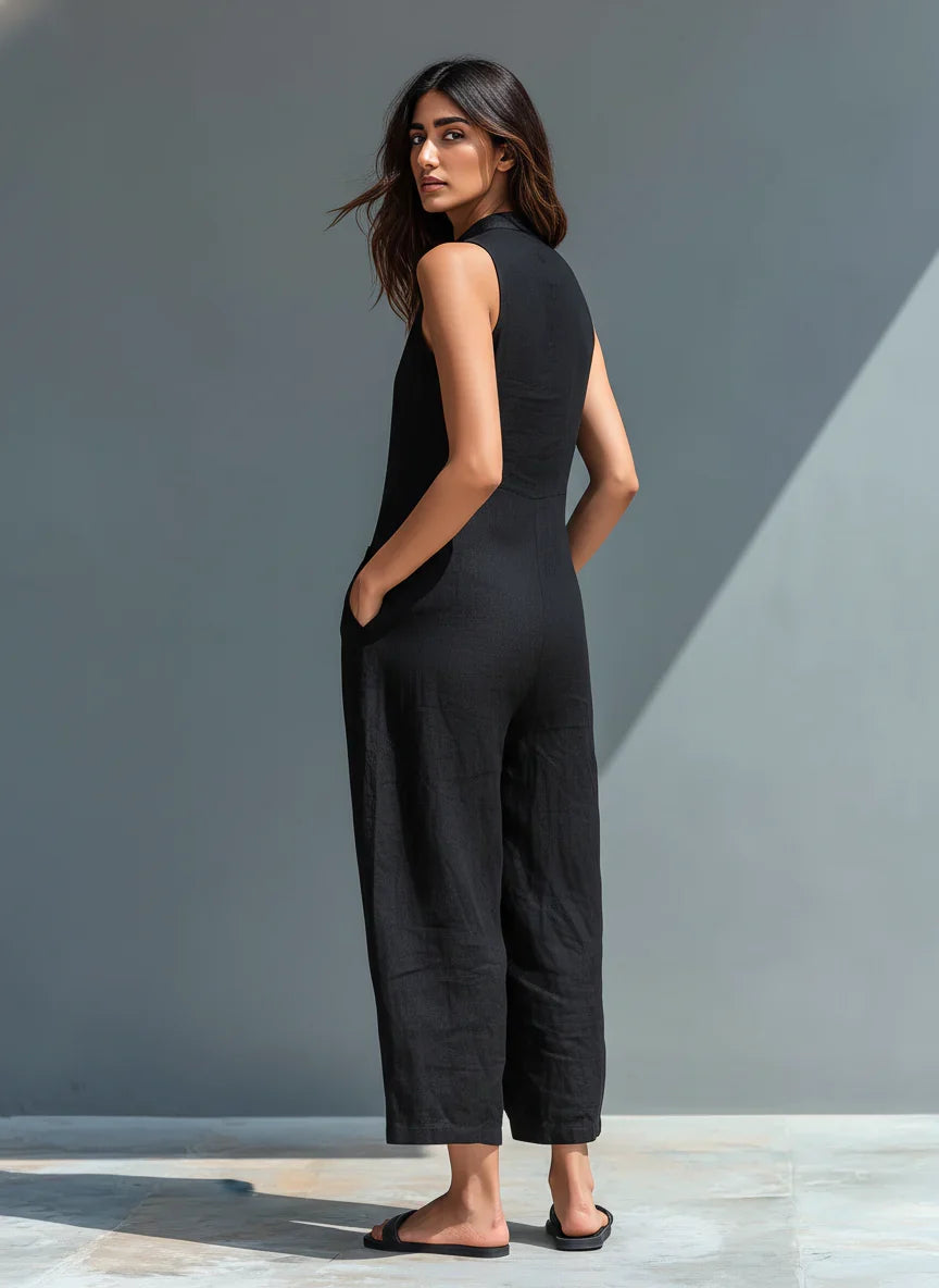 Mono minimalista de lino para mujer, sin mangas, cuello alto y botones