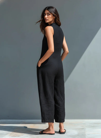 Mono minimalista de lino para mujer, sin mangas, cuello alto y botones
