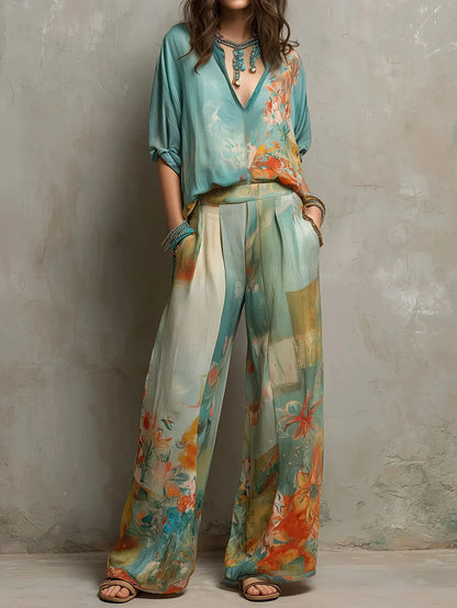 Elegante conjunto estampado floral con pantalón de pierna ancha