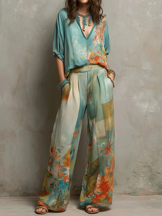 Elegante conjunto estampado floral con pantalón de pierna ancha