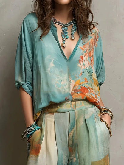 Elegante conjunto estampado floral con pantalón de pierna ancha
