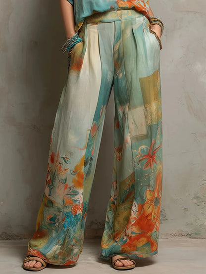 Elegante conjunto estampado floral con pantalón de pierna ancha