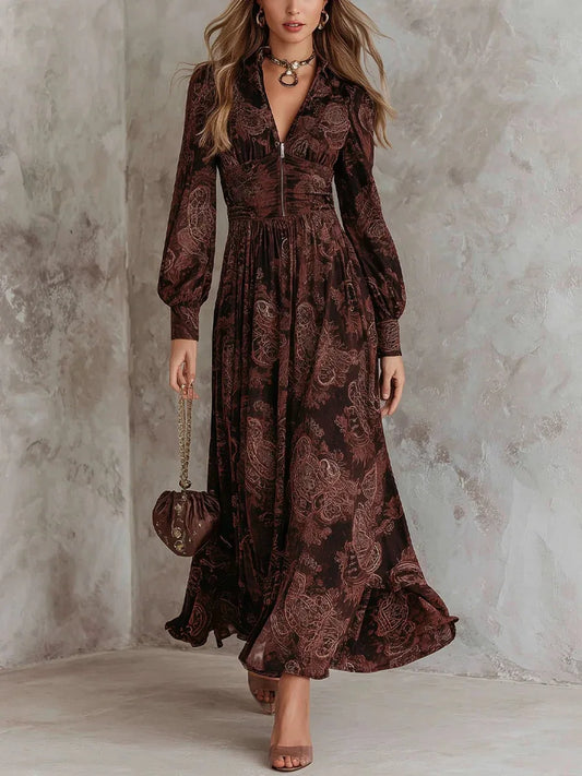 Vestido Largo con Elegante Estampado Vintage