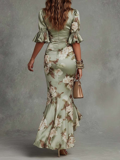 Vestido largo de satén con estampado floral