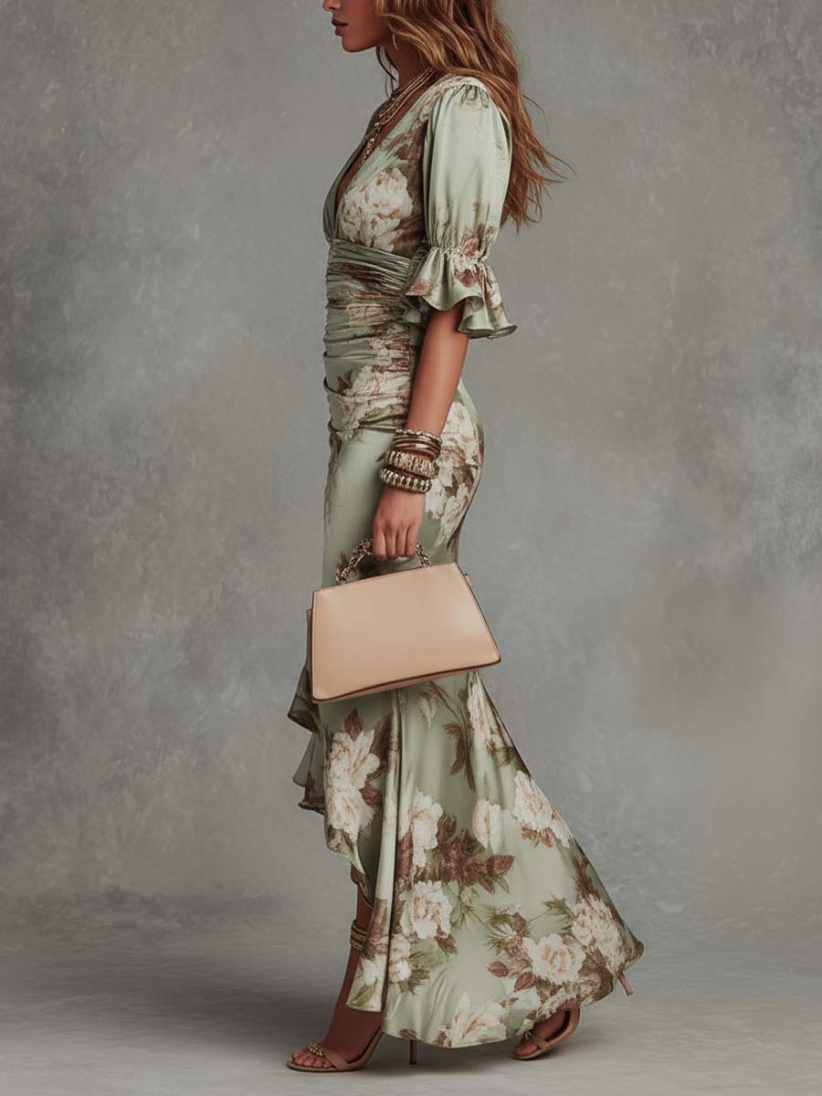 Vestido largo de satén con estampado floral