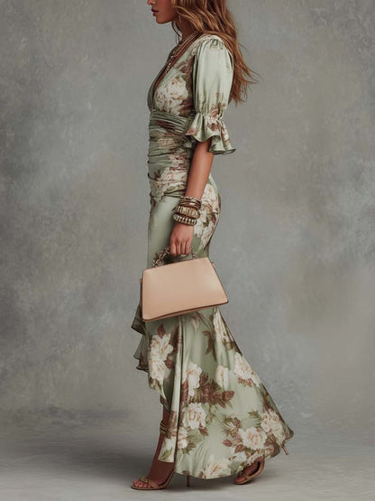 Vestido largo de satén con estampado floral