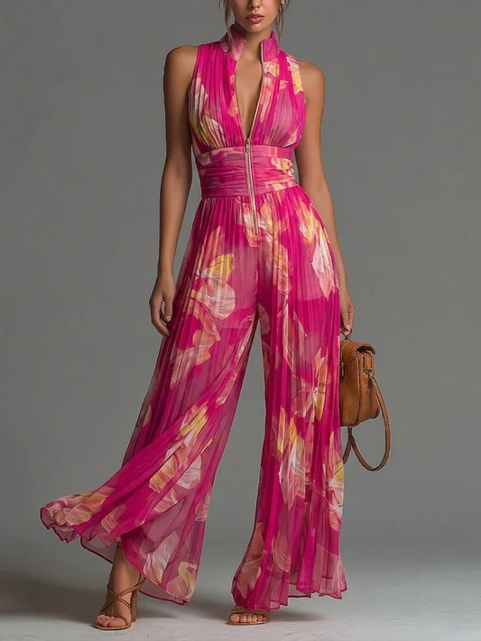 Mono de chifón plisado con estampado floral fucsia