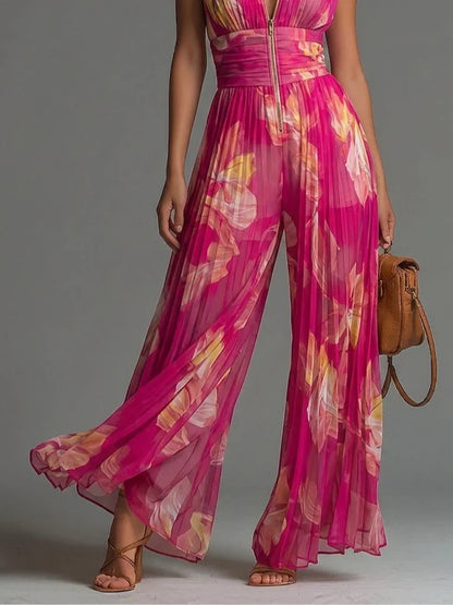 Mono de chifón plisado con estampado floral fucsia