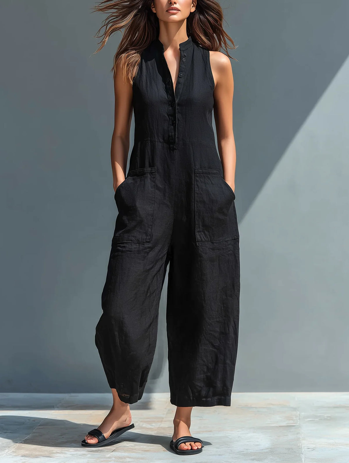 Mono minimalista de lino para mujer, sin mangas, cuello alto y botones
