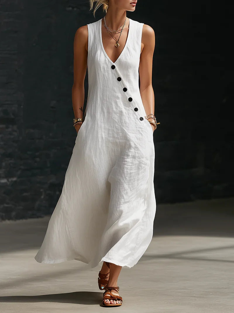 Vestido Maxi Mujer Minimalista con Botones – Estilo Elegante Fluido
