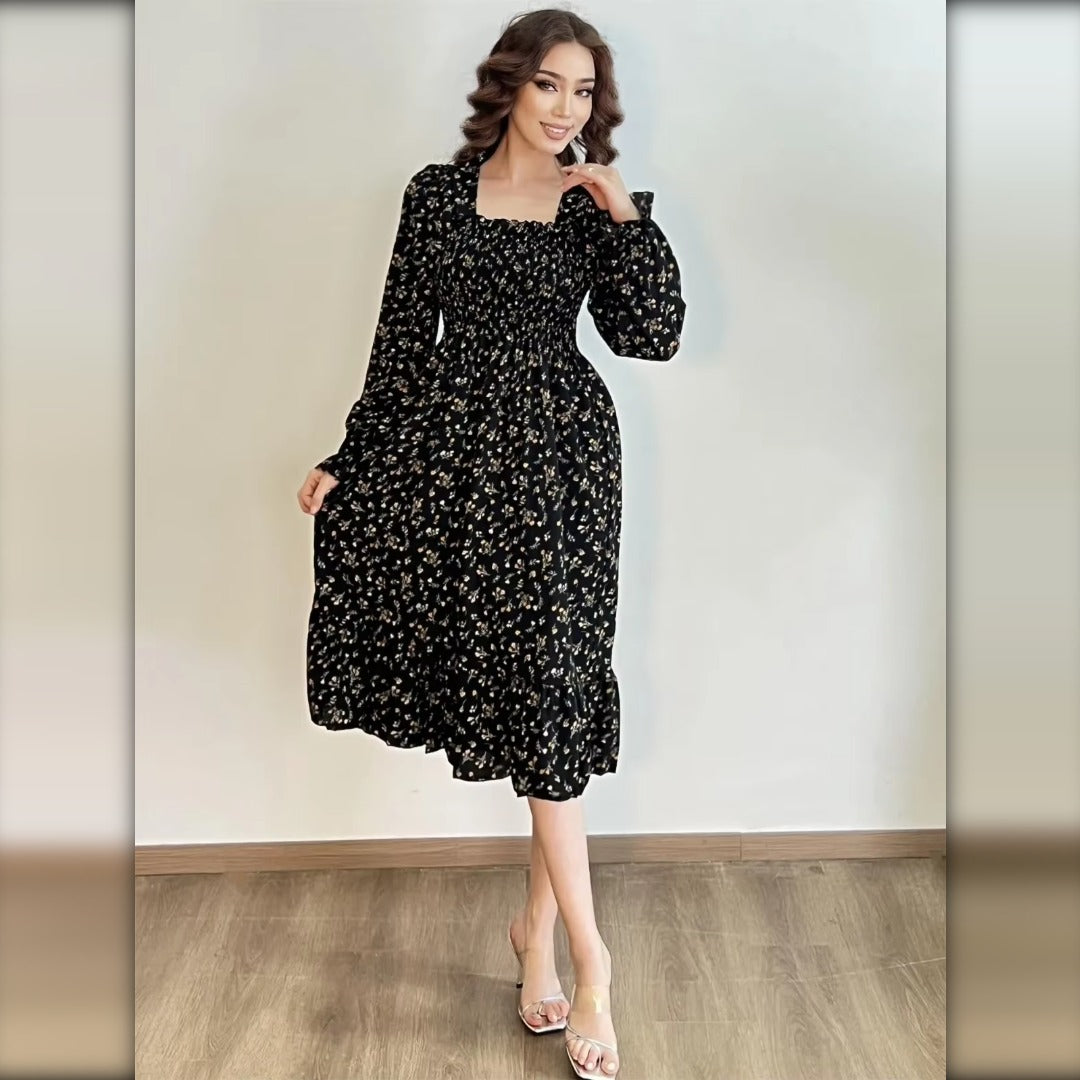 Vestido midi floral negro florecitas