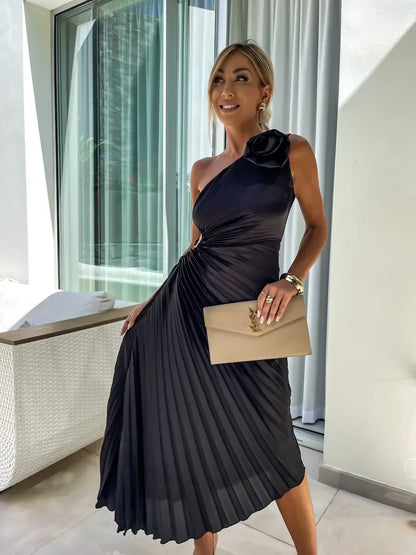 Elegante Vestido Maxi Floral de Un Solo Hombro