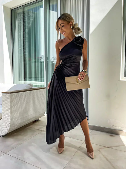 Elegante Vestido Maxi Floral de Un Solo Hombro